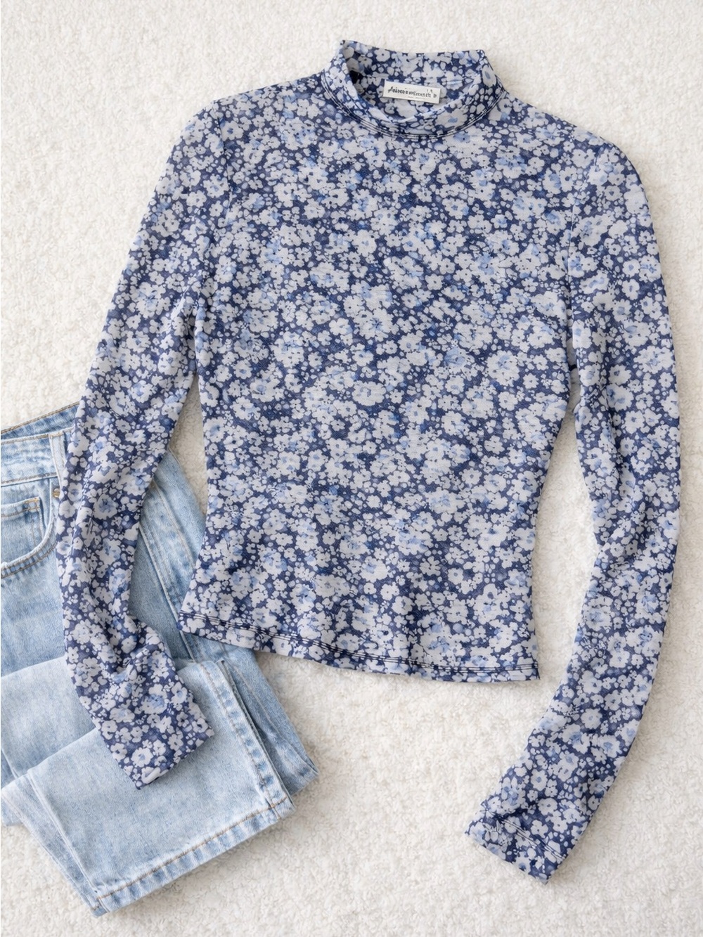 Abercrombie & Fitch Blue Floral Mesh Mock Neck Long Sleeve Top Size Medium